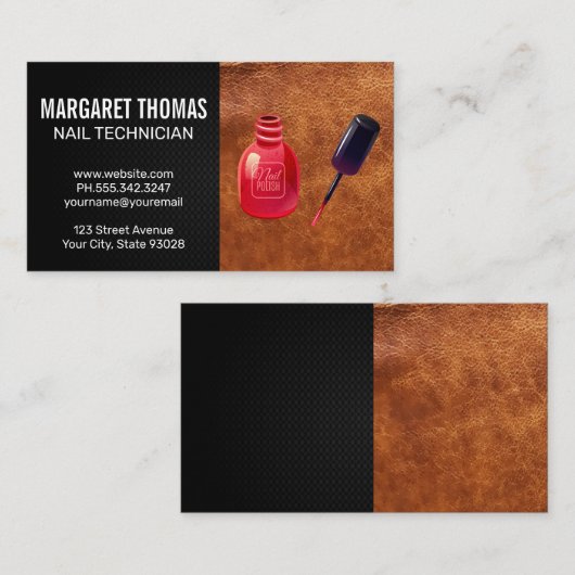 レッド爪、 ネイルポリッシュボトルとブラシ |レザー 名刺 (正面/裏面)