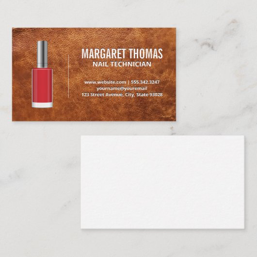 レッド爪、 ネイルポーランド | 茶色のレザーテクスチャ背景 名刺 (正面/裏面)