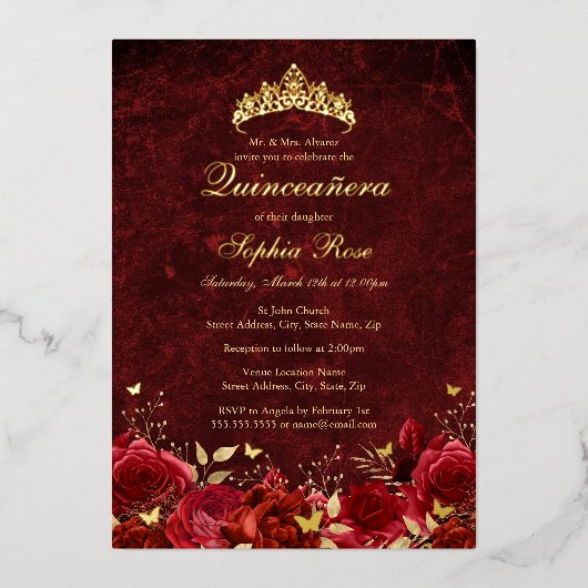 レッド王室のフローラバタフライティアラキンセアニェラ 箔招待状 (正面)