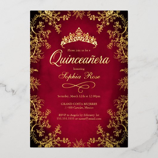 レッド王室の金ゴールドクラウンフローラキンセアニェラ 箔招待状 (正面)