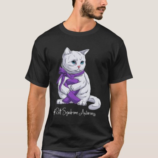 レッド症候群啓発月間紫のリボンの猫 Tシャツ (正面)