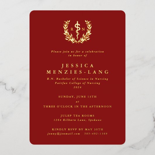 レッド登録ナースアスクレピウス+ローレルリース 箔招待状 (正面)