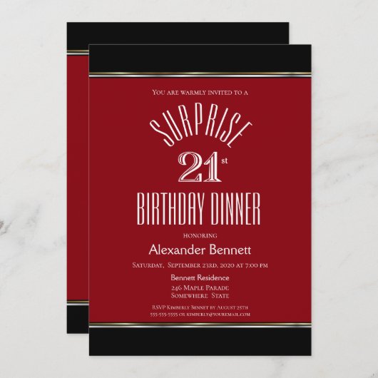 レッド白黒サプライズ21stバースデーディナー 招待状 (正面/裏面)
