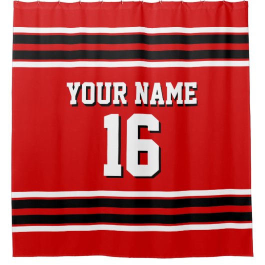 レッド白黒ストライプズスポーツジャージー シャワーカーテン (正面)