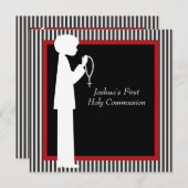 レッド白黒ストライプロザリーボーイズ第一聖体 招待状 (正面/裏面)
