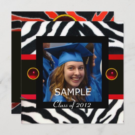 レッド白黒ゼブラファーモノグラム写真テンプレート 招待状 (正面/裏面)