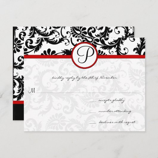 レッド白黒ダマスクフローラスワールRSVPカード 出欠カード (正面/裏面)