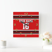 レッド白黒チームカスタムジャージーの番号名 スクエア壁時計 (ホーム)