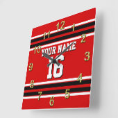 レッド白黒チームカスタムジャージーの番号名 スクエア壁時計 (傾斜)