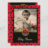 レッド白黒ラディバグモノグラム写真テンプレート 招待状 (正面/裏面)