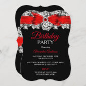 レッド白黒レースボウ誕生日パーティー 招待状 (正面/裏面)