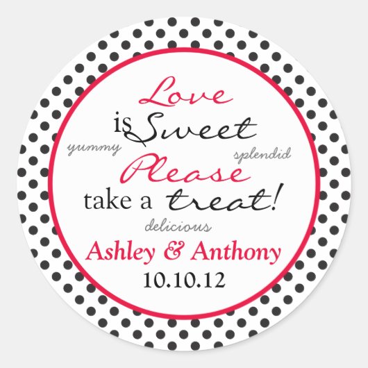 レッド白黒水玉模様キャンディビュッフェスティッカー ラウンドシール (正面)