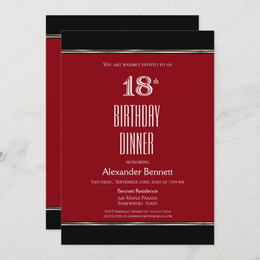 レッド白黒18th誕生日ディナーパーティー 招待状 (正面/裏面)
