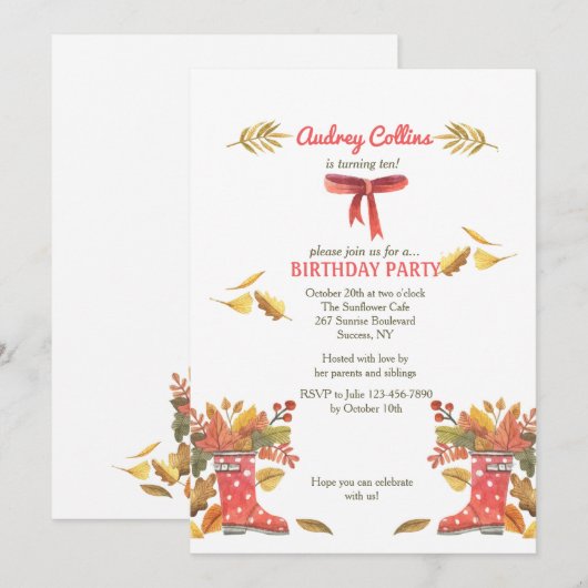 レッド秋ブーツ招待状 招待状 (正面/裏面)