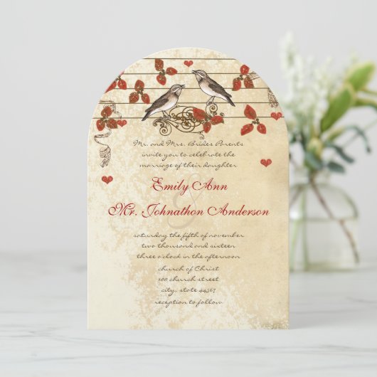 レッド秋リーフヴィンテージラベバード結婚ズ 招待状 (スタンド正面)