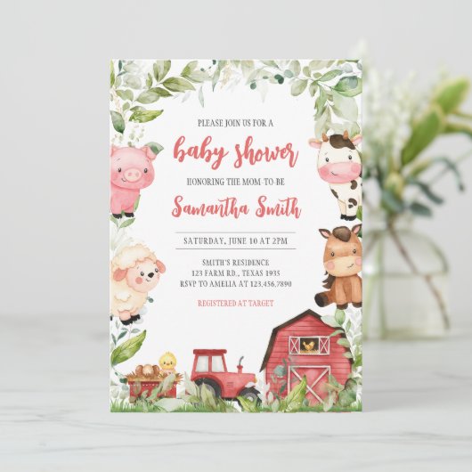 レッド納屋周囲の庭ファームベビーシャワー 招待状 (スタンド正面)