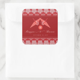 レッド紙クレーン&さくらんぼ花アジア結婚ズ スクエアシール