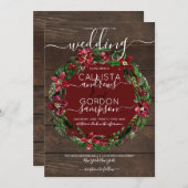 レッド素朴グリーンホリーフローラリースウッドズ結婚 招待状 (正面/裏面)