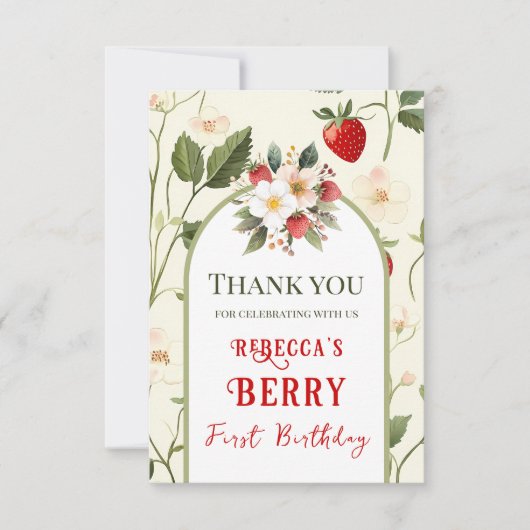 レッド素朴ストロベリーファースト誕生日 サンキューカード (正面)