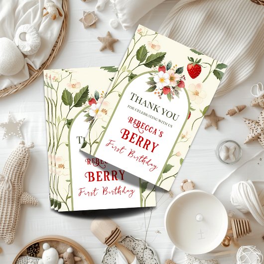 レッド素朴ストロベリーファースト誕生日 サンキューカード