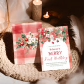 レッド素朴ストロベリーファースト誕生日 招待状