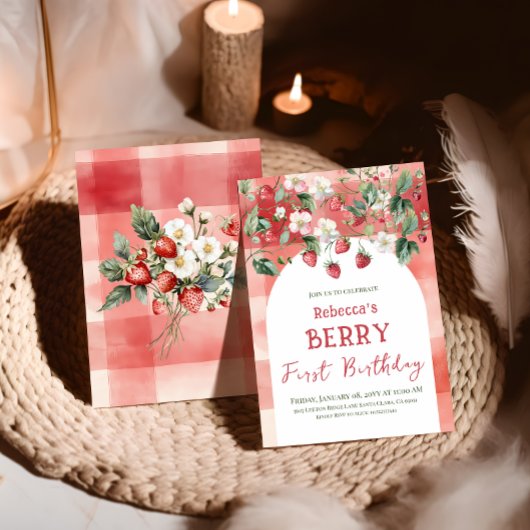 レッド素朴ストロベリーファースト誕生日 招待状