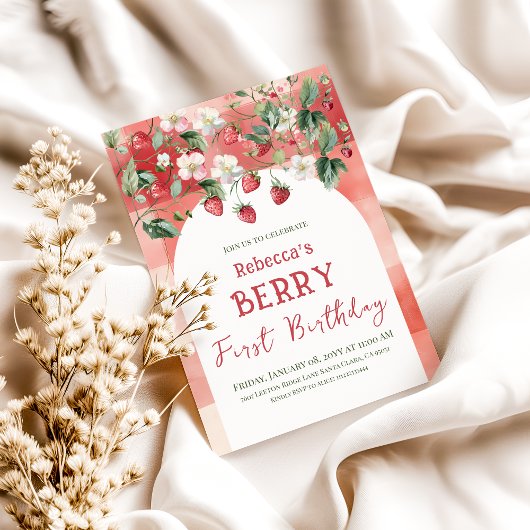レッド素朴ストロベリーファースト誕生日 招待状