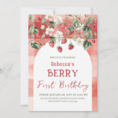 レッド素朴ストロベリーファースト誕生日 招待状 (正面)
