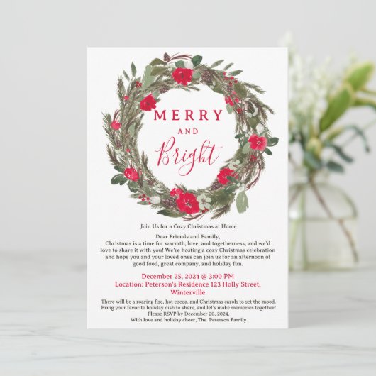 レッド素朴フローラリースコージークリスマスギャザリング 招待状 (スタンド正面)