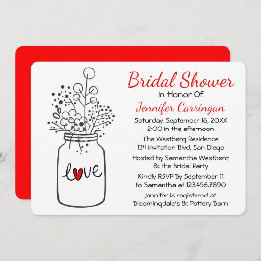 レッド素朴ブライダルシャワーメイソンジャーフラワーズ 招待状 (正面/裏面)