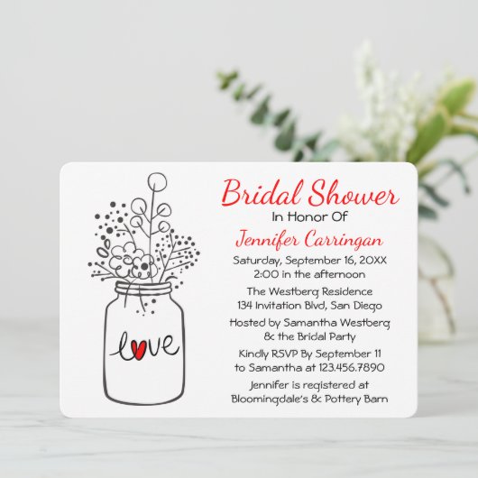 レッド素朴ブライダルシャワーメイソンジャーフラワーズ 招待状 (スタンド正面)