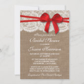 レッド素朴ボウ、バーラップ&レースブライダルシャワー 招待状 (正面)