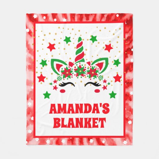 レッド絞り染めユニコーンクリスマスキッズパーソナライズされたズ フリースブランケット (正面)