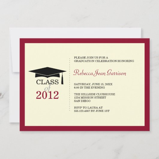 レッド縁どベージュ色キャップタッセル卒業発表 招待状 (正面)