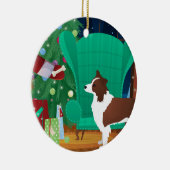 レッド縁ど・コリー・クリスマスとサンタ・ギフト セラミックオーナメント (右)