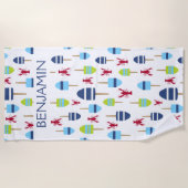 レッド航海のロブスターブイビーチハウスパーソナライズされた ビーチタオル (正面)