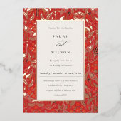 レッド華美クラシーフローラピーコック金ゴールド結婚ズ 箔招待状 (正面)