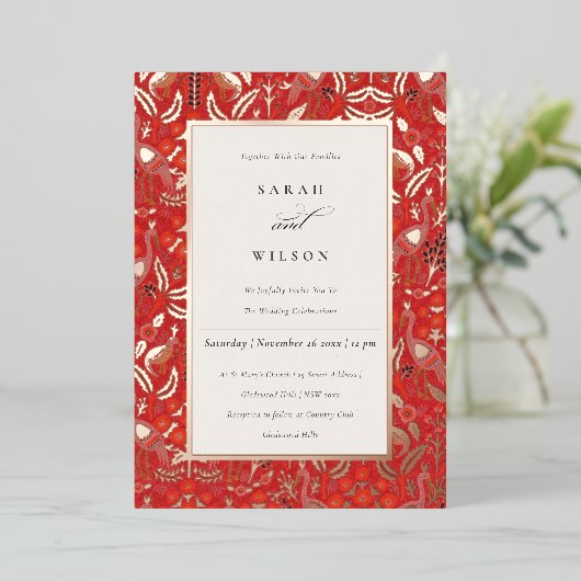 レッド華美クラシーフローラピーコック金ゴールド結婚ズ 箔招待状 (立ち正面)