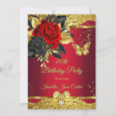 レッド蝶バラフローラ金ゴールド誕生日パーティー 招待状 (正面)