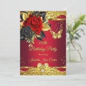 レッド蝶バラフローラ金ゴールド誕生日パーティー 招待状 (スタンド正面)