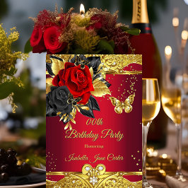 レッド蝶バラフローラ金ゴールド誕生日パーティー 招待状