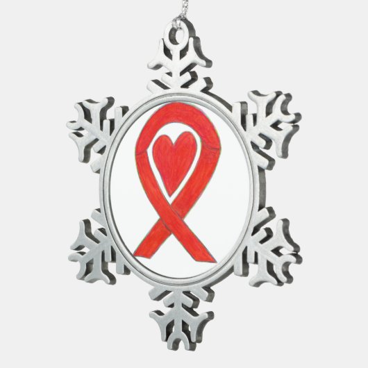 レッド認識度リボンハートチャームホリデーオーナメント スノーフレークピューターオーナメント (右)