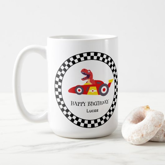 レッド誕生日恐竜レースカーボーイレース子供の名前 コーヒーマグカップ (ドーナツ)