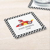 レッド誕生日恐竜レースカーボーイレース子供の名前 スクエアペーパーコースター (アングル)