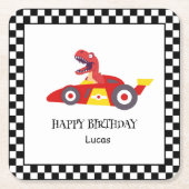 レッド誕生日恐竜レースカーボーイレース子供の名前 スクエアペーパーコースター (正面)