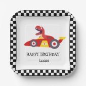レッド誕生日恐竜レースカーボーイレース子供の名前 ペーパープレート (正面)