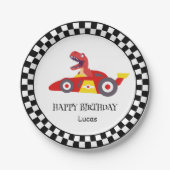 レッド誕生日恐竜レースカーボーイレース子供の名前 ペーパープレート (正面)