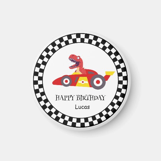 レッド誕生日恐竜レースカーボーイレース子供の名前 マグネット (正面)