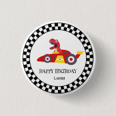 レッド誕生日恐竜レースカーボーイレース子供の名前 缶バッジ (正面)