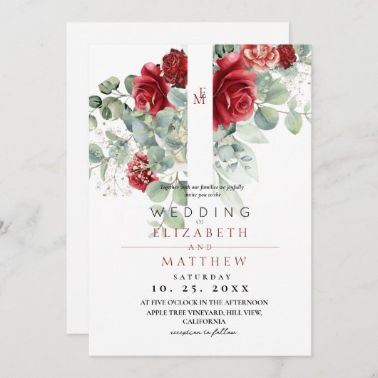 レッド赤面バラとフローラエレガントな結婚式 招待状 (正面/裏面)